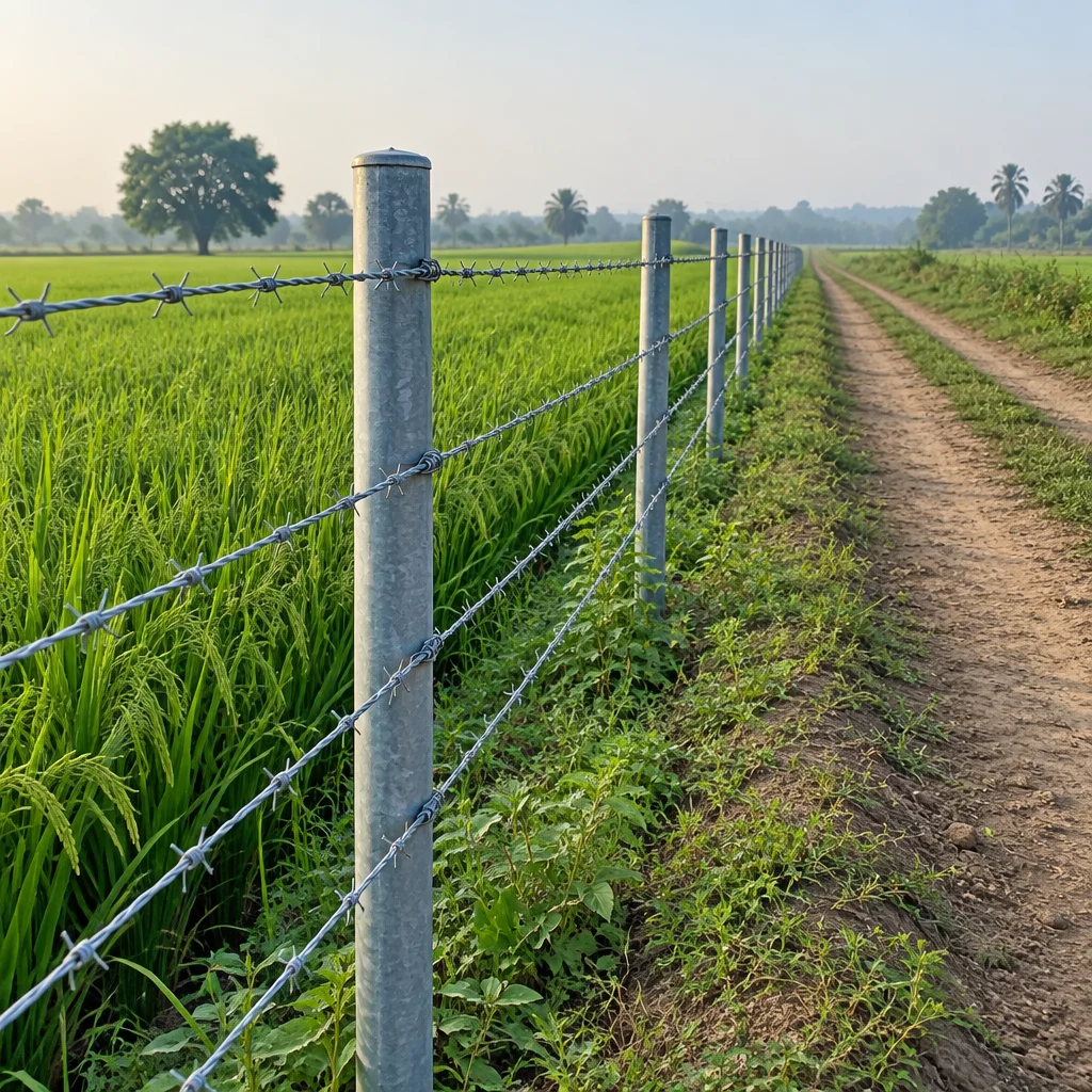 Barbed wire fence along a green rice field beside a farm track