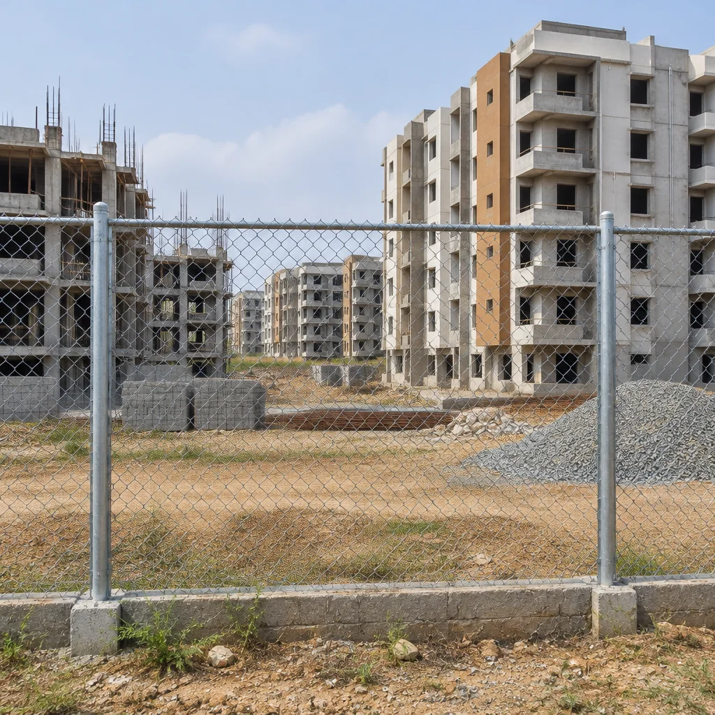 Chain link boundary fence around apartment blocks under construction