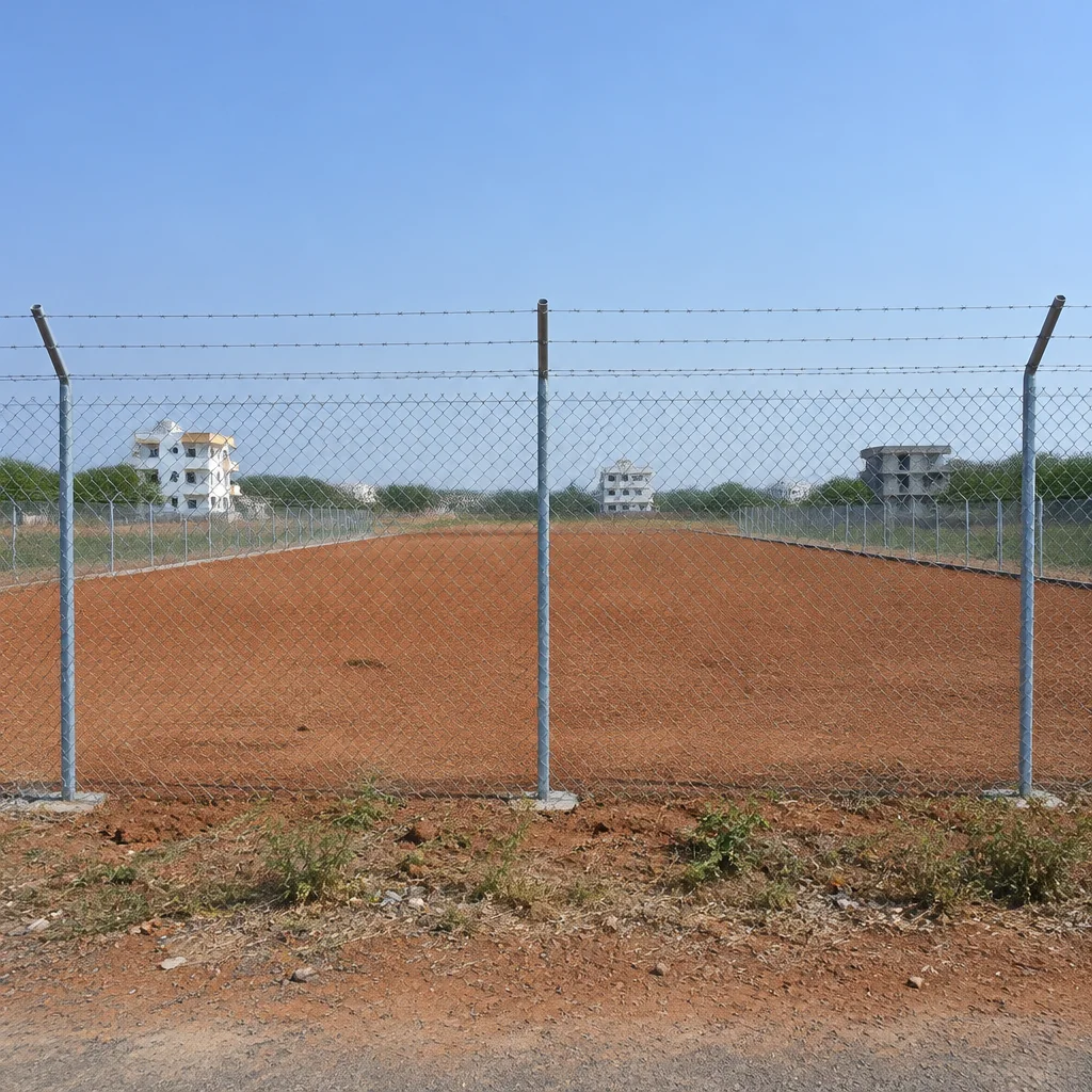 Open plot of red soil enclosed by chain link fencing
