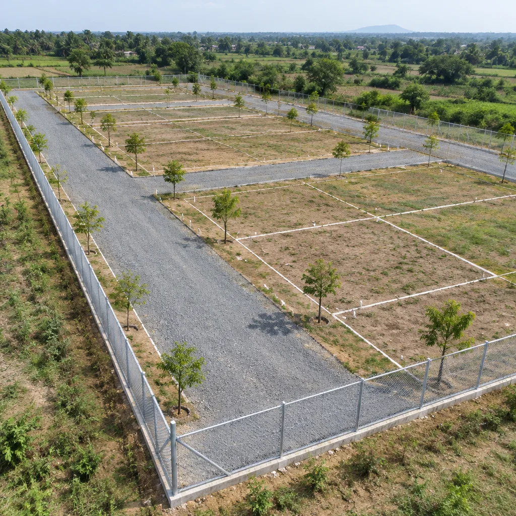 Fenced real estate layout with internal roads and marked plots