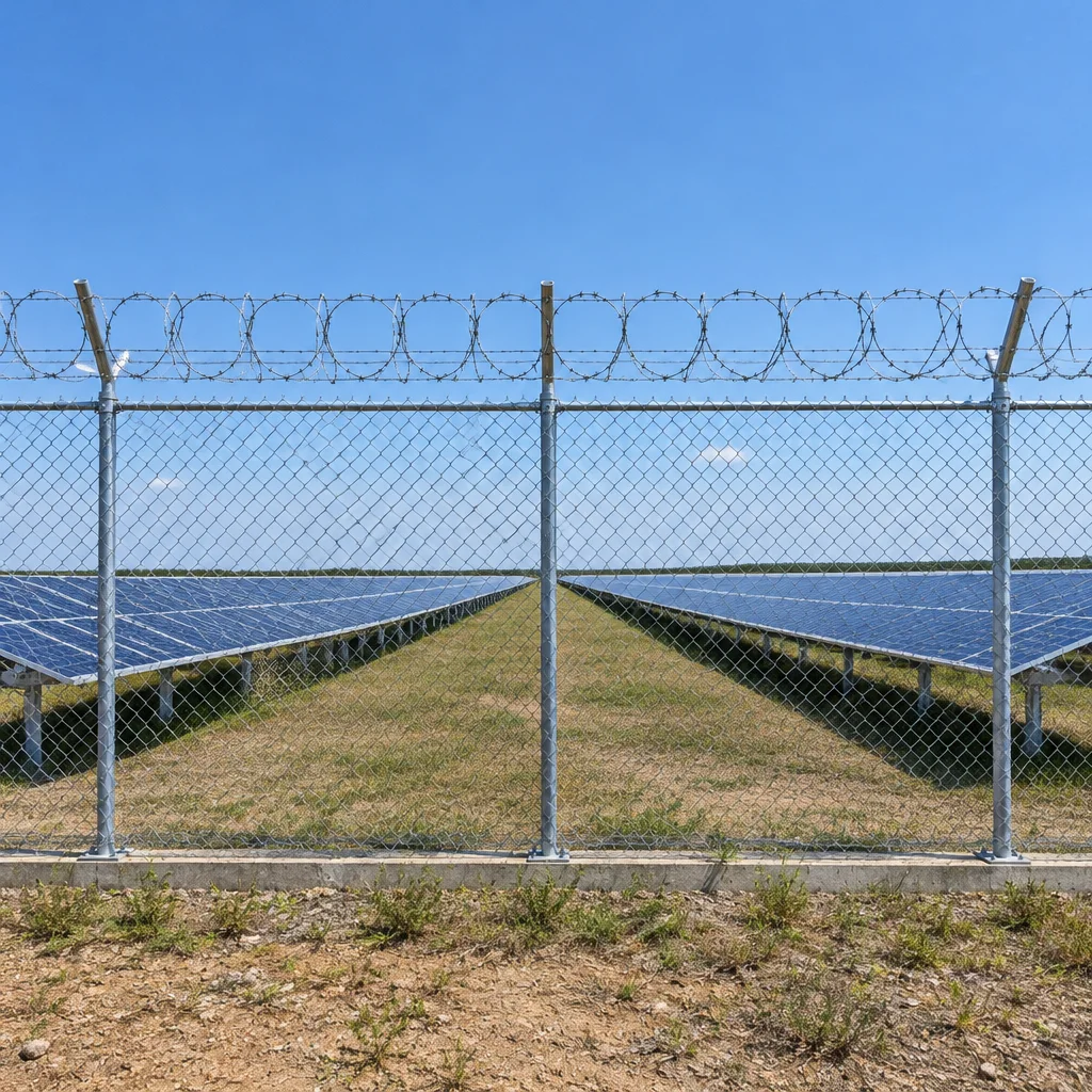 Chain link fence with a concertina coil around rows of solar panels