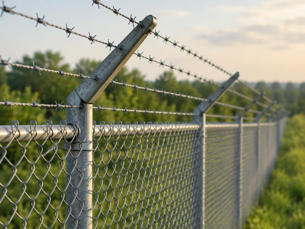 Chain link fence topped with barbed wire on angled post arms