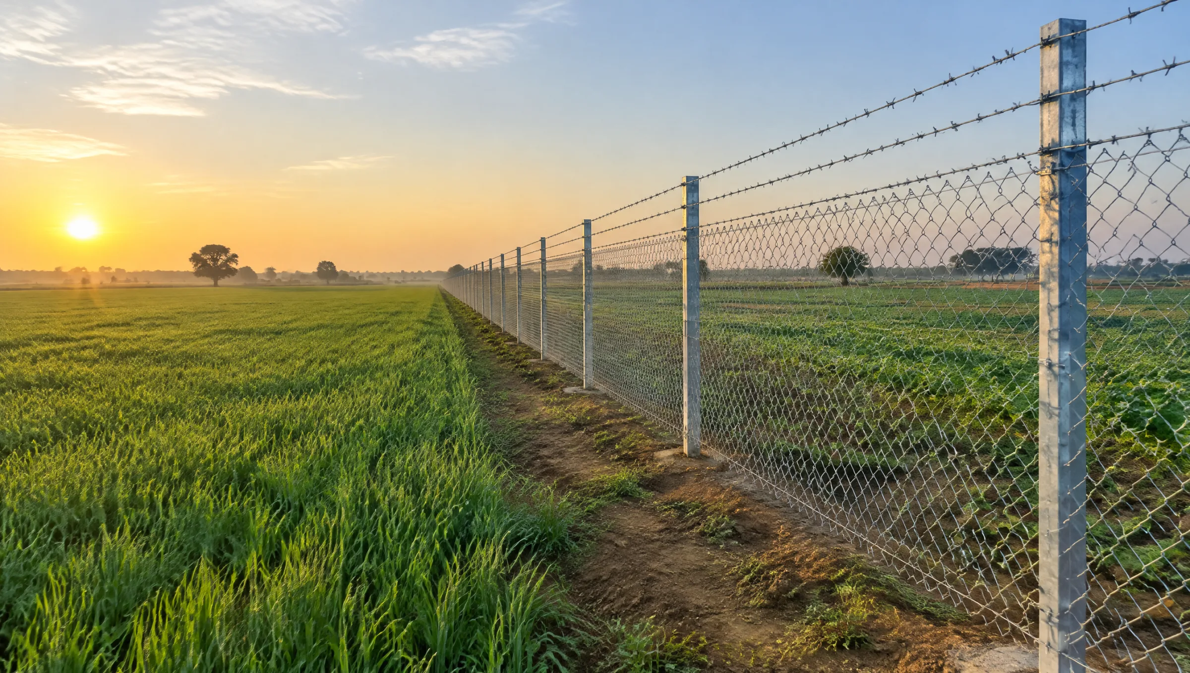 Galvanized chain link fence with barbed wire along green farmland at sunrise