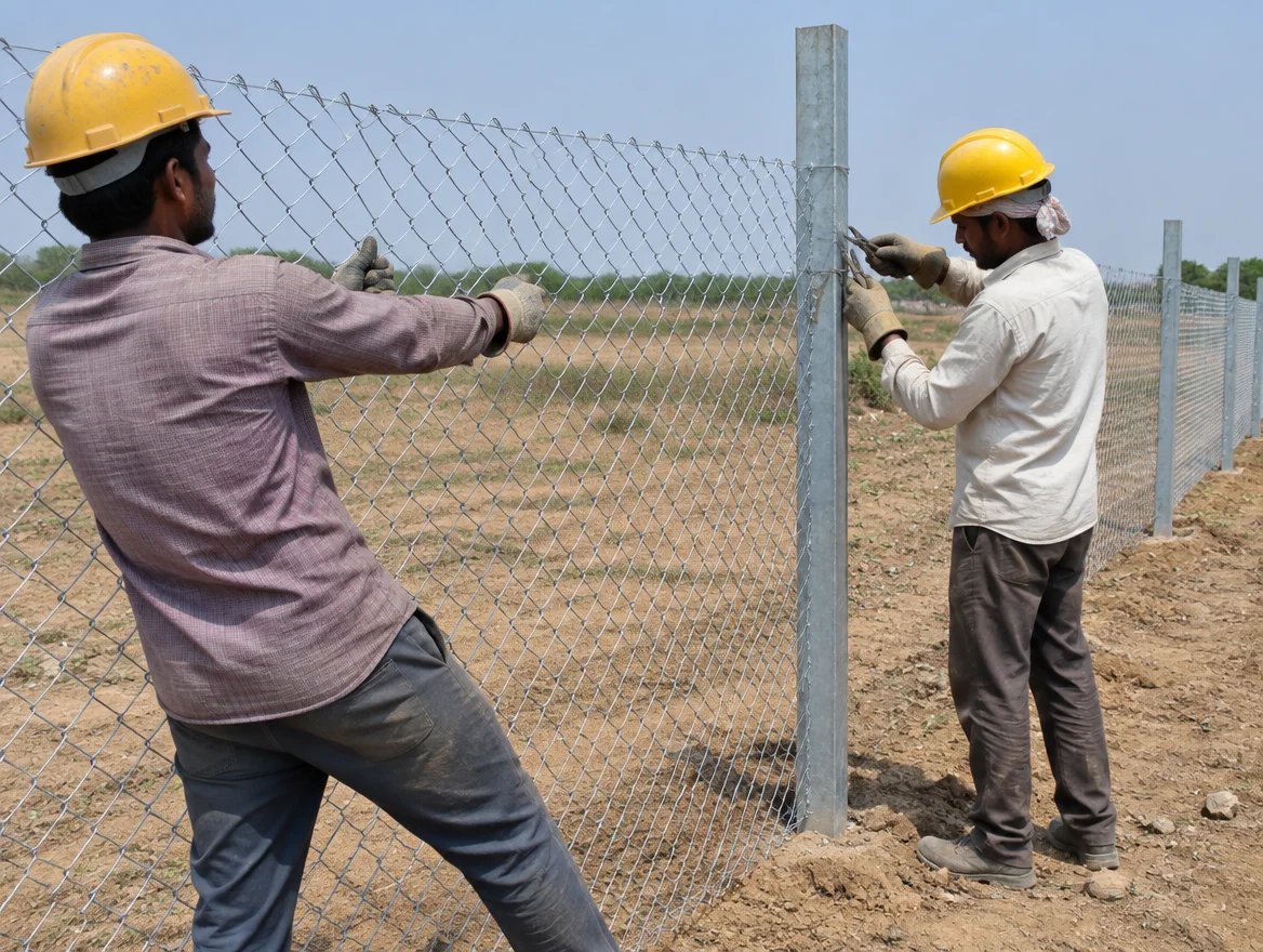 Two workers in hard hats fixing chain link mesh to a galvanized fence post