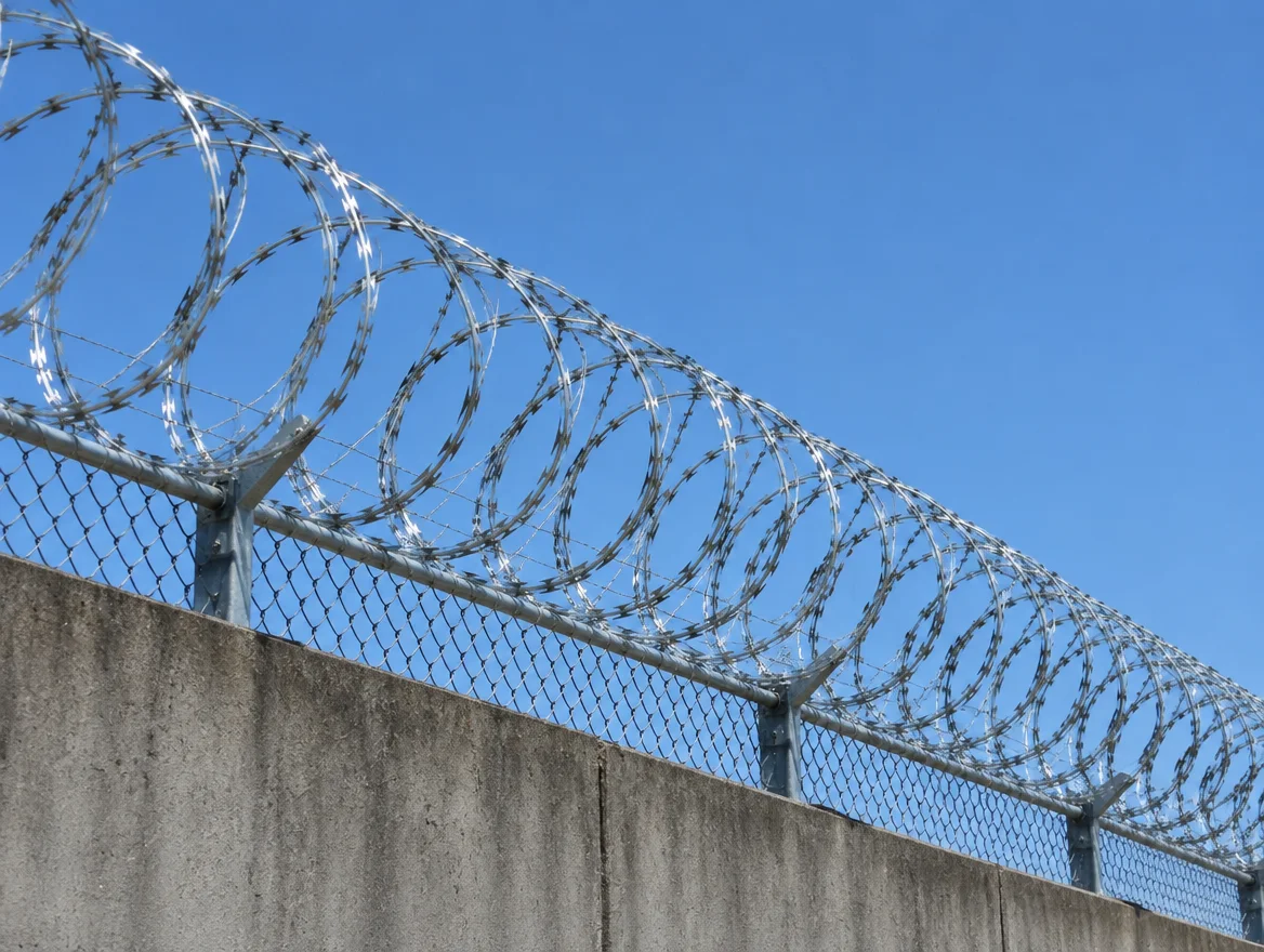Concertina coil mounted along the top of a perimeter wall and fence