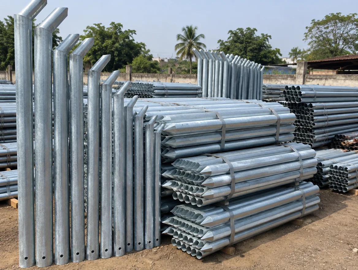 Galvanized iron fencing poles stacked in an outdoor yard