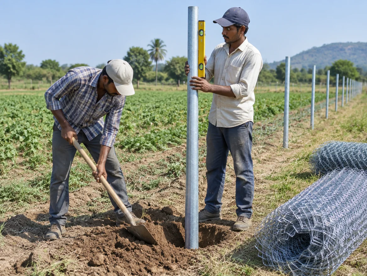 Workers digging a post hole and levelling a fence post along a farm boundary