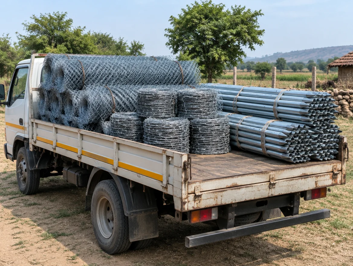 Truck loaded with chain link rolls, barbed wire coils and fencing poles